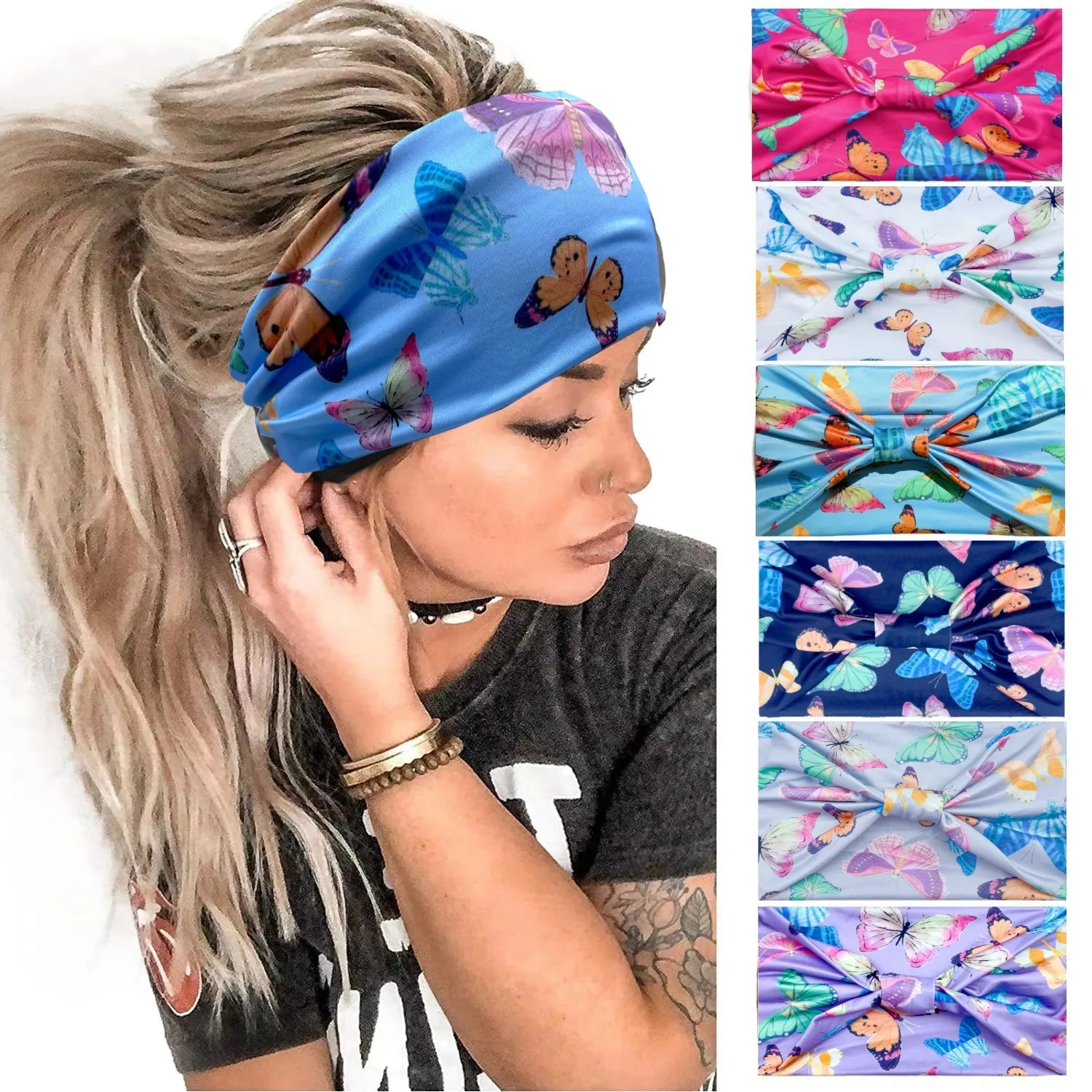 Butterfly Print Headband Women Fitness Gym Yoga Hair Bands Elastic Head Band Sweat Bands Running Headband Hair Syle Accessories