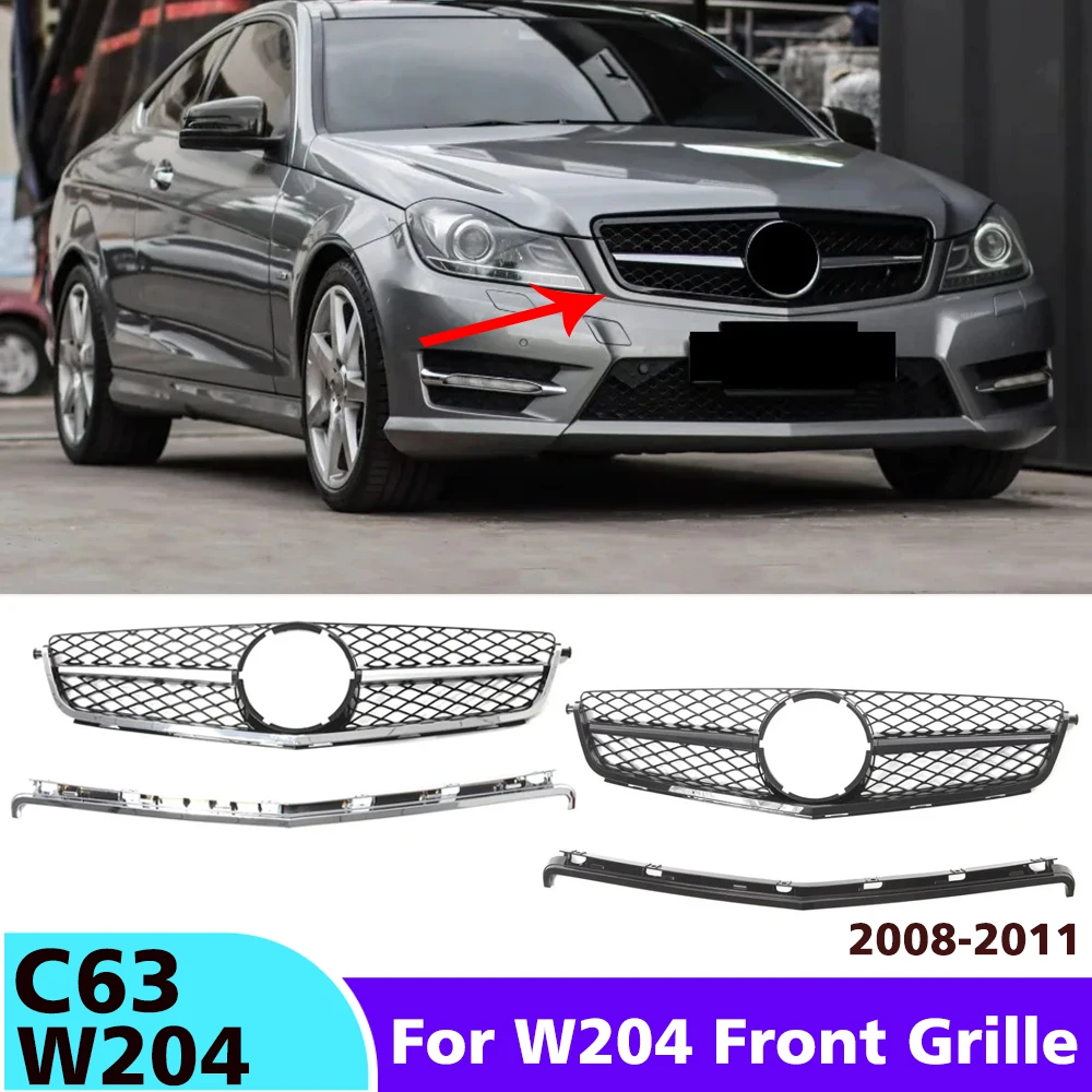 

For Mercedes C-Class W204 2008-2011 Front Bumper Grille,C63 AMG Glossy Black Mesh Grill,Chrome Trim,Exterior Accessories