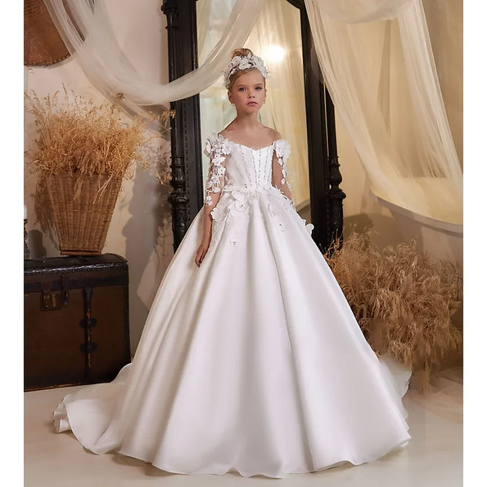 

Luxury White Satin Girl Dresses with Flowers Fashion V-Neck Sequined Floor Length A-Line Gowns Wedding Party Kids Dresses 2024