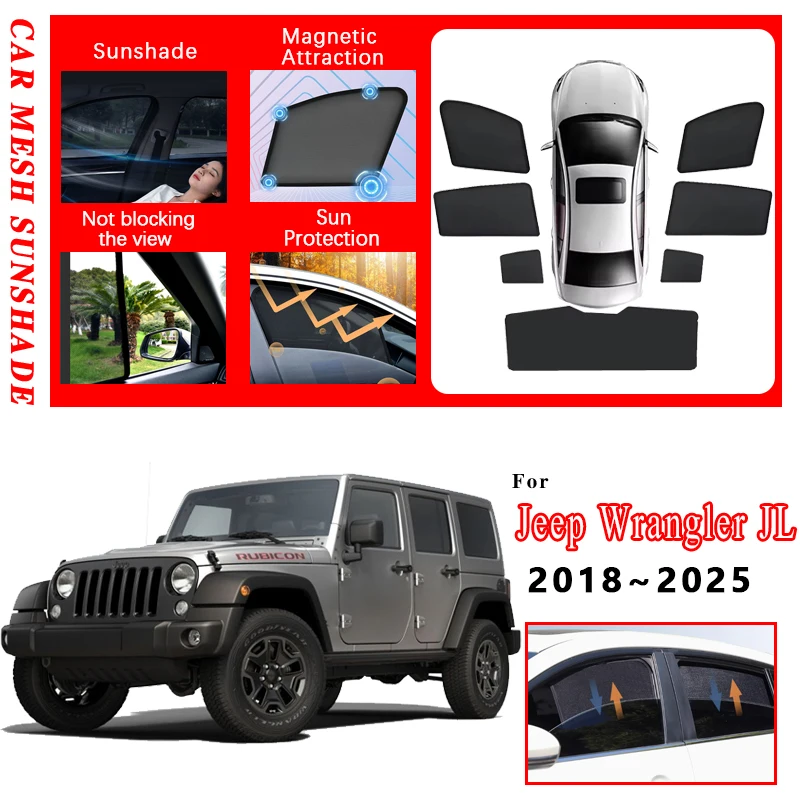

Автомобильные сетчатые солнцезащитные козырьки для Jeep Wrangler JL Rubicon 2018 ~ 2025, 5-дверные магнитные солнцезащитные козырьки, инструменты для лобового стекла, аксессуары