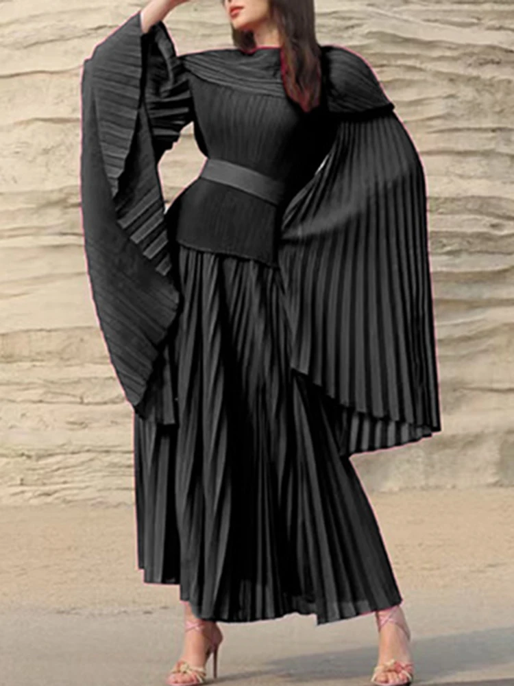 LANMREM Elegant Party Pleated 2 Pieces Set Women Flare Sleeve Belt Gathered Waist Tops + A Line Long Skirt 2024 New 17G8267