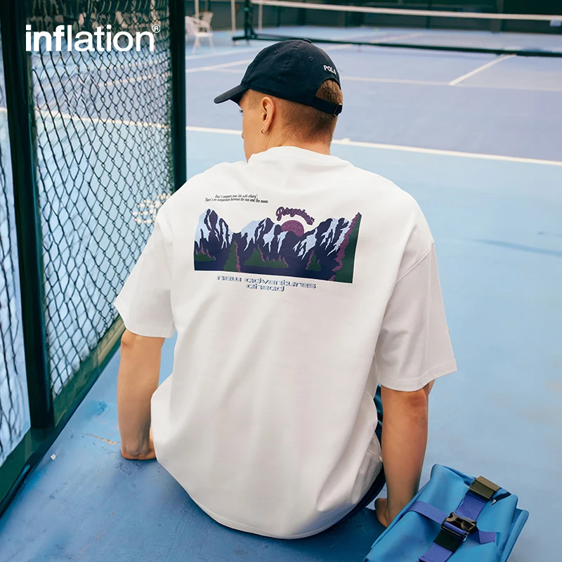 

INFLATION Mountain Graphic T-Shirt for Men Streetwear American Casual Oversize Short Sleeve Tee