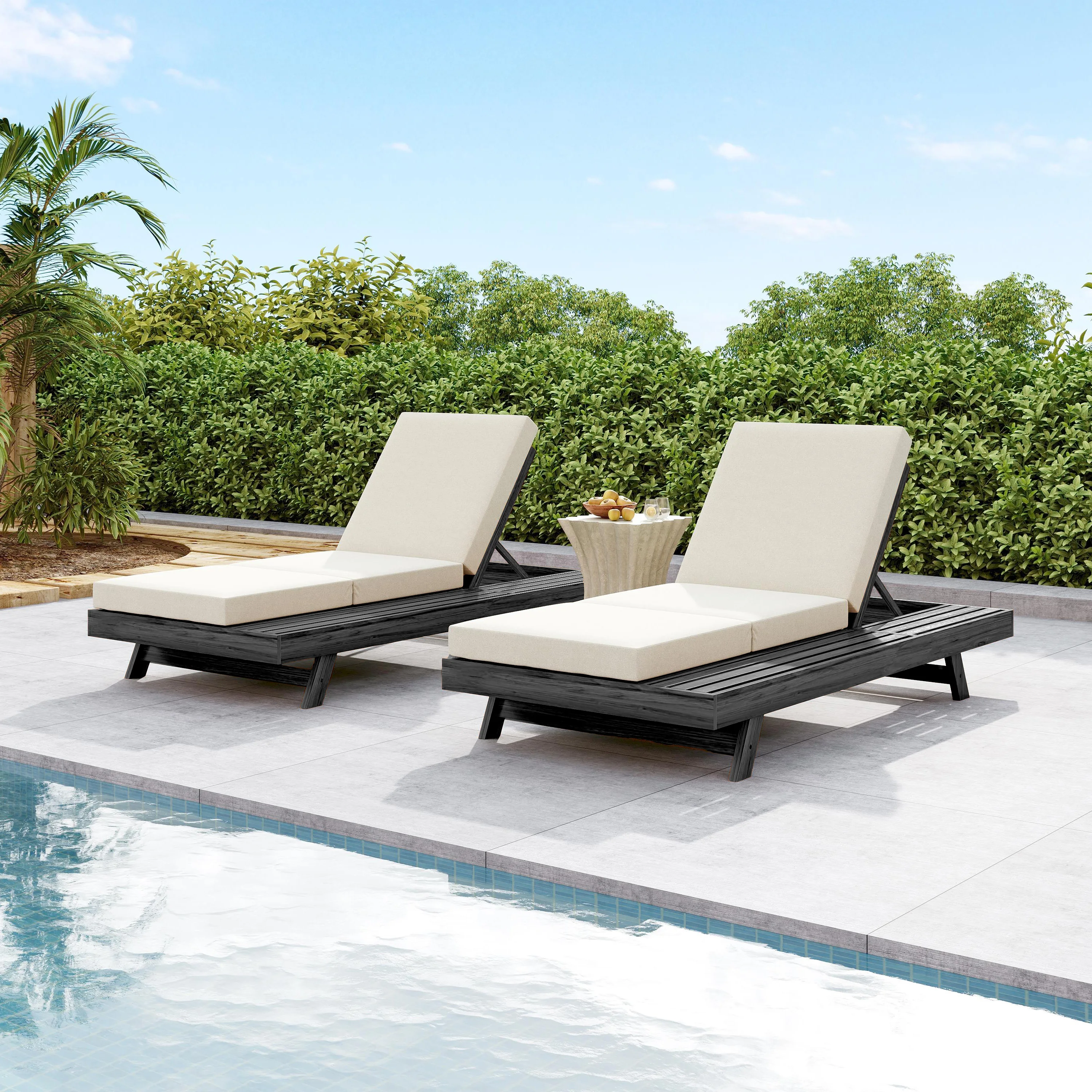 # Modern Design Acacia Solid Wood Lounge Chaise Set With Black Cushion (Cream Triple Fold) & Dark Grey Option Outdoor Use view 5