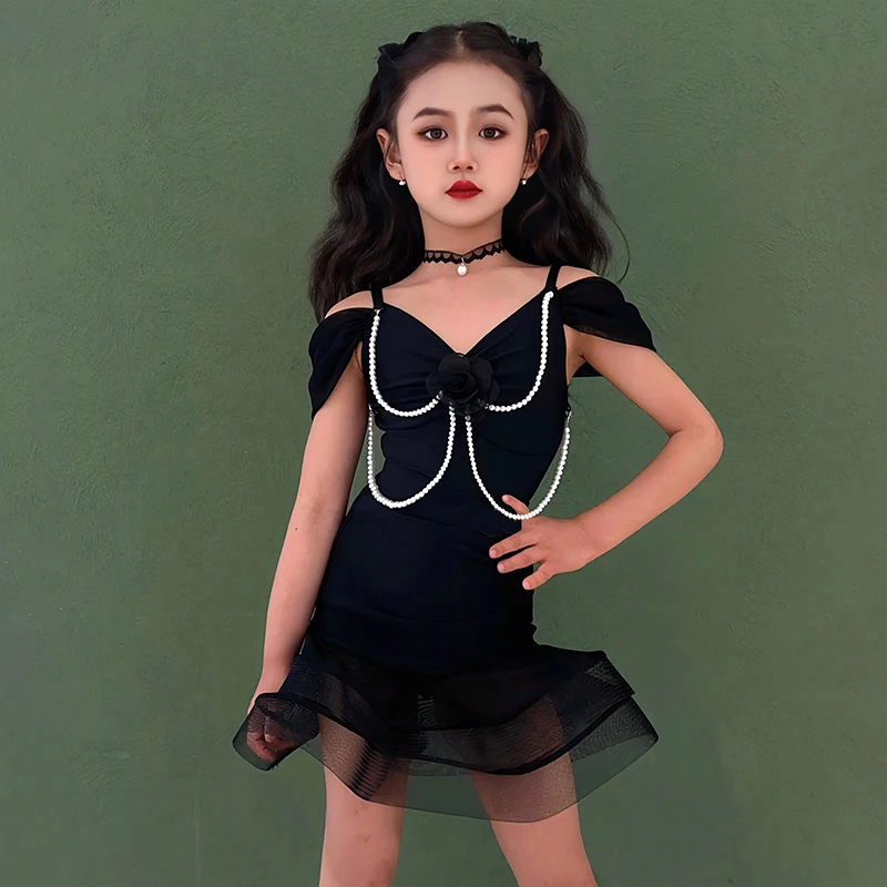 

Off Shoulder Latin Dance Costume Girls Dance Performance Clothes Children Tango Dancing Set Black Dancewear Training Suit XH2925