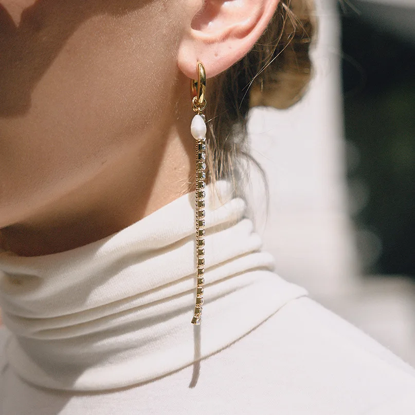 Retro Zircon Tassel Earrings Gold Color Natural Pearl Beads Earring For Women Fashion Stainless Steel Jewelry Trend Accessories