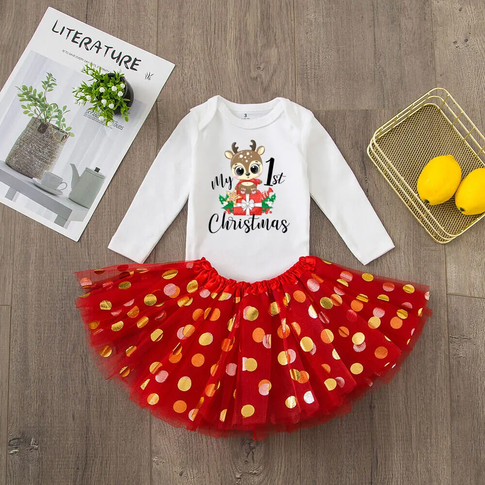 It\'s My First Christmas Baby Romper & Tutu Set Deer Print Girls Outfit Infant Baptism Bodysuit Dress Xmas Outfits Skirt 2pcs