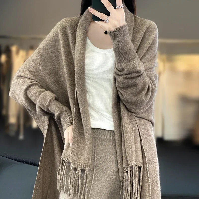 Spring Women New 100% Wool Warm Shawl Cardigan With Tassels Autumn Winter Solid Fashion Knit Shawl Female Mujer Bufanda Cape