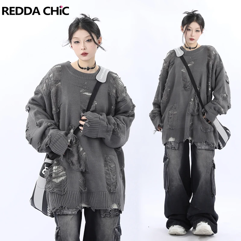 

ReddaChic Retro Gray Fake 2-piece Ripped Jumper Top Reversible Destroyed Hole Long Sleeves Casual Knitted Sweater Y2k Streetwear