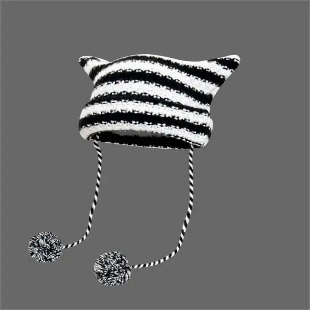 هدية Y2K الحياكة مخطط قبعة صغيرة لطيف الصوف آذان القط وأشار البلوز القبعات محبوك قبعات الصوف الخريف الشتاء #2