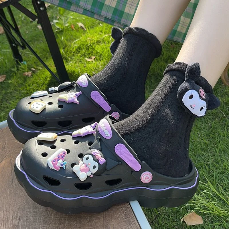 Kawaii Lolita Sanrio Hello Kitty Cave Shoes Women\'s Summer Sandals With Thick Heels Kuromi Cinnamoroll Casual Slippers Female