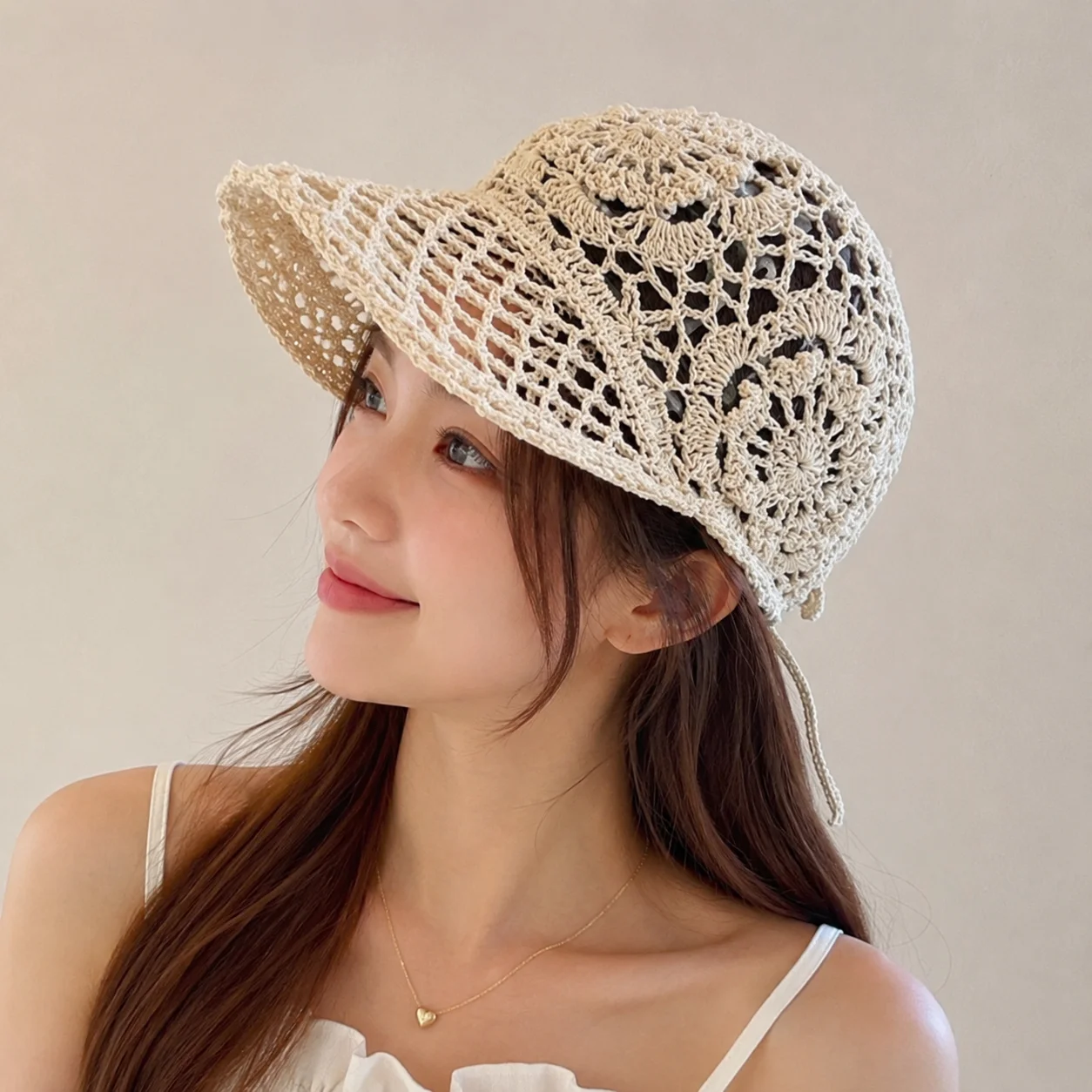 Breathable Floral Crochet Knit Peaked Cap Hollow Mesh Sun Hat Adjustable Lightweight Summer Baseball Hat for Girls