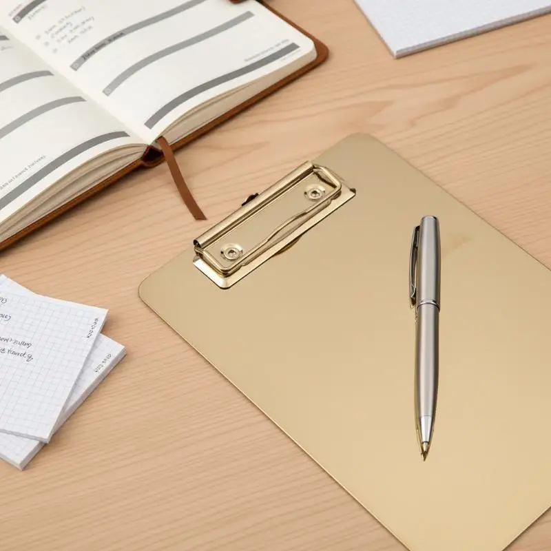 

Золотистый планшет для письма из нержавеющей стали с металлическим зажимом для документов и канцелярских принадлежностей для офиса и школы