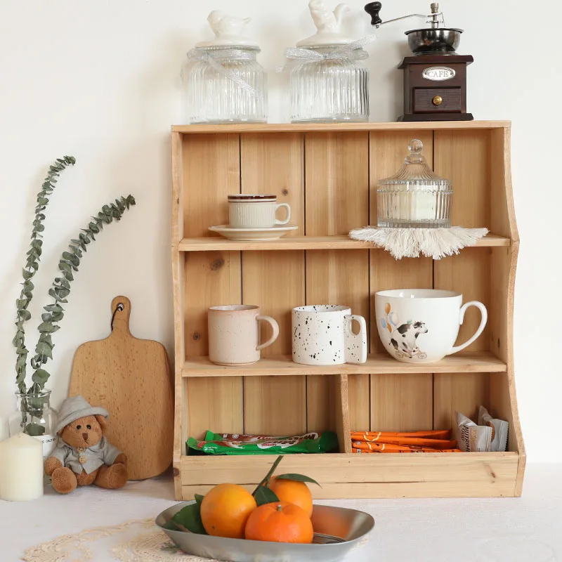 Retro Wall Mounted Wooden Water Cup Shelving Coffee Cosmetics Hand Tent with Hook Log Natural Color Storage Cabinet