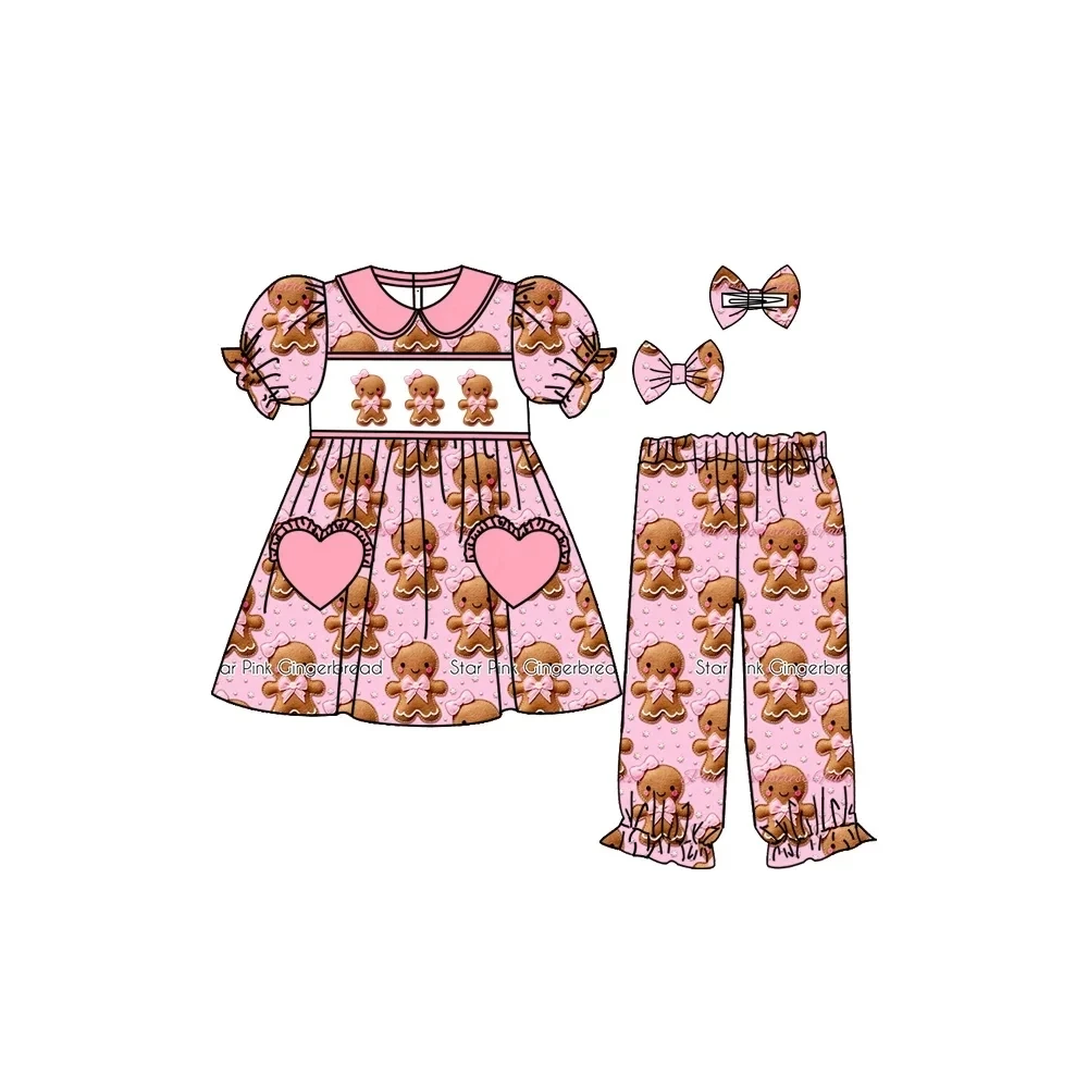 

Christmas boutique children set short-sleeved elastic cookie bow printed trousers girl boy long-sleeved set baby pajamas set