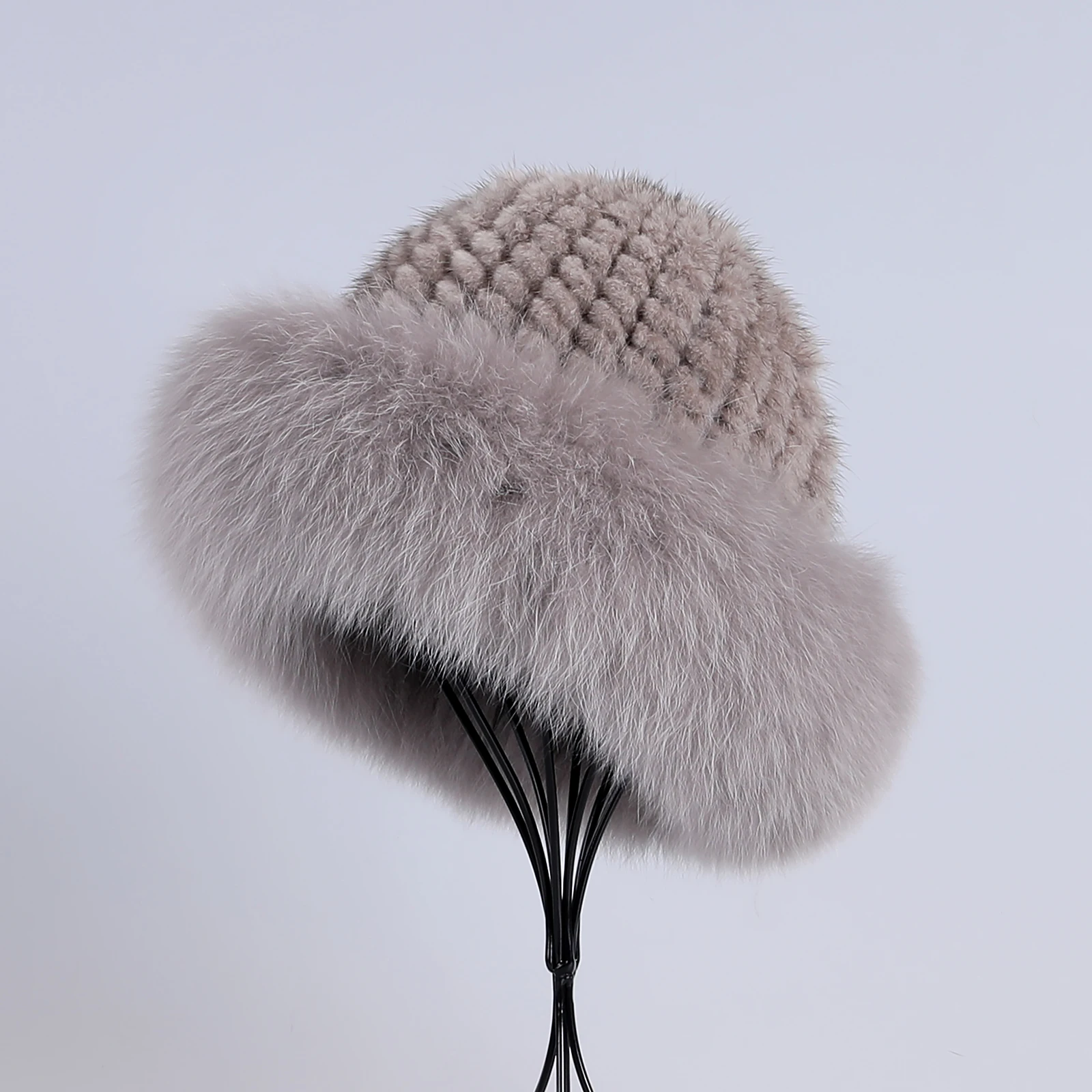 Frauen Winter warm echte Premuim Nerz Fell gestrickt Eimer Hut pelzigen Echtpelz Kappen Big Fox Pelz besatz Krempe verstellbar – Detail 15