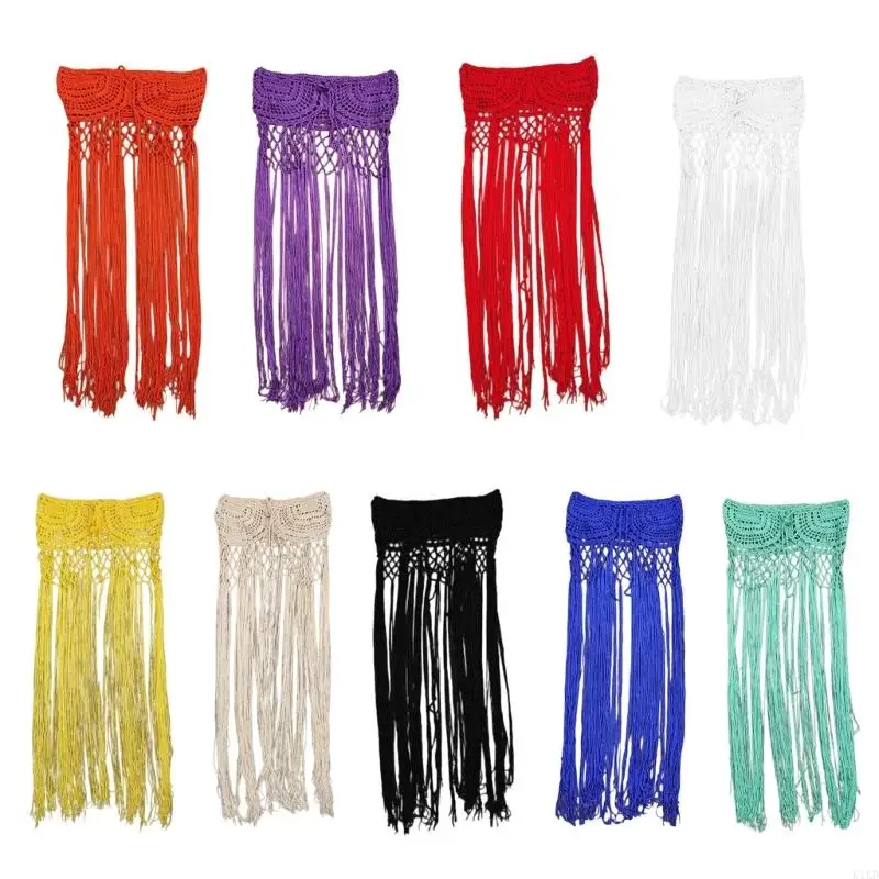 

K1KD Long Tassels Hand Knitted Beach Dress Crochet Swimsuit Coverup Dress Hollowed Crochet Swimwears Wrap Skirt for Parties