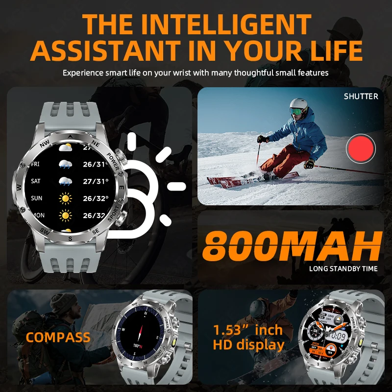 LIGE Smart Watch For Men Bluetooth Call 800mAh Large Battery Heart Rate Health Monitor IP68 Waterproof Compass Smartwatches 2025
