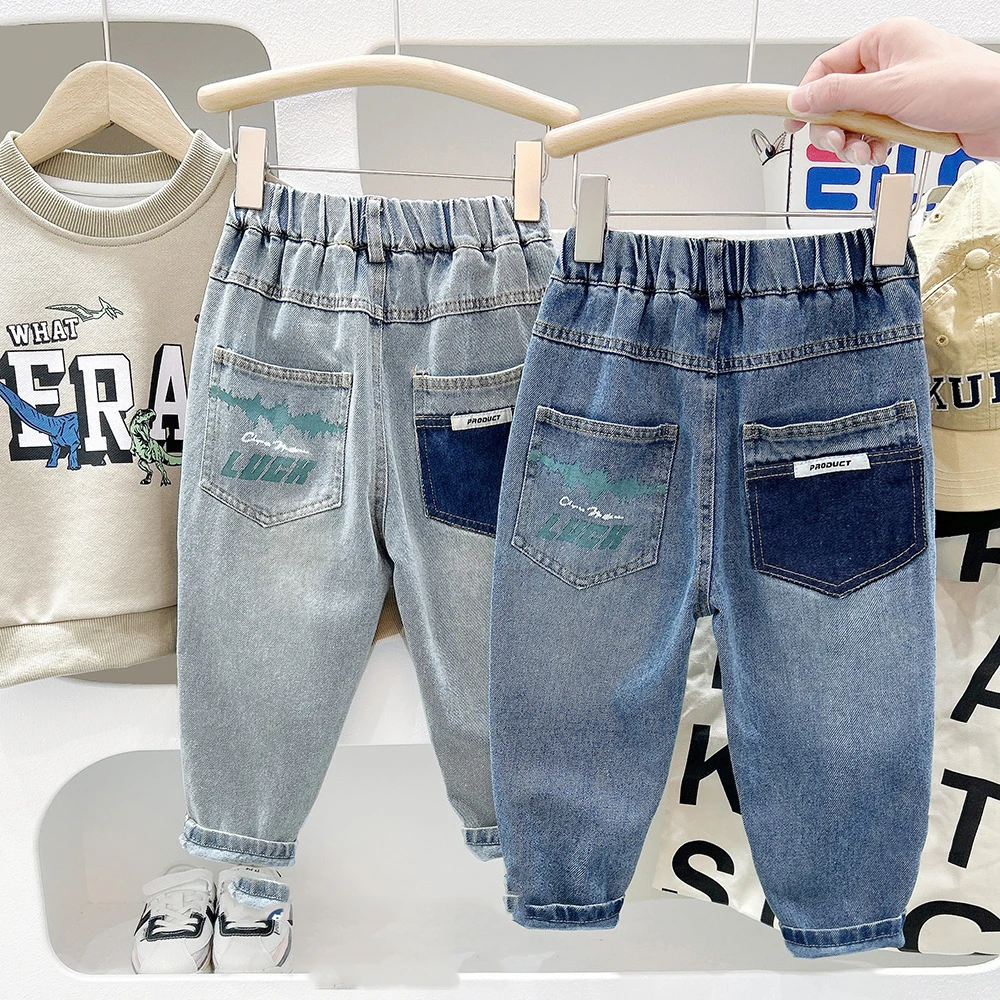 

4-6Y Little Boys Jeans Autumn Letter Printed Children Boys Casual Trouser Elastic Waist Versatile Toddler Kids Boys Harem Pants