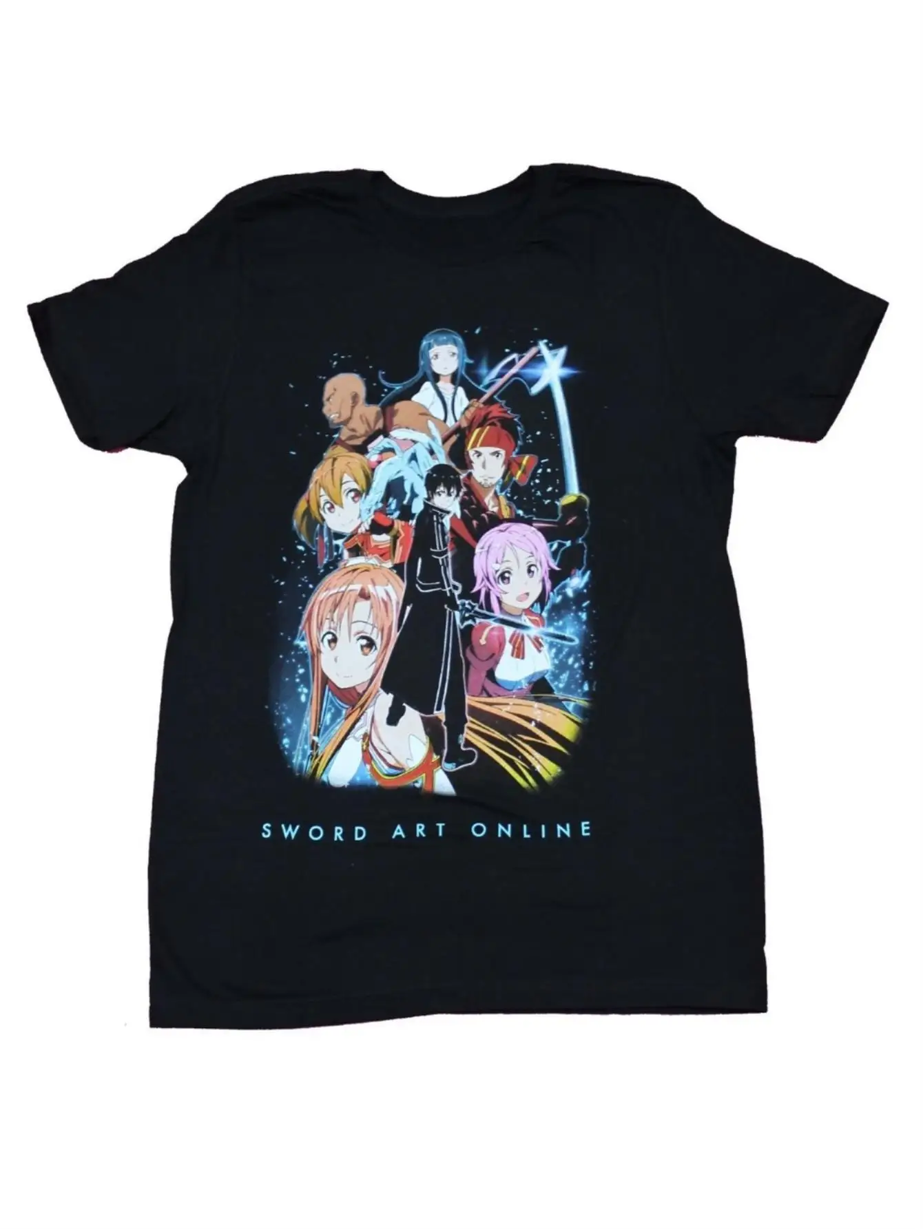 

Sword Art Online Anime Graphic T-Shirt for Adults - Black Casual Short Sleeve Tee with Giant Colorful Character Pile-Up Print, D