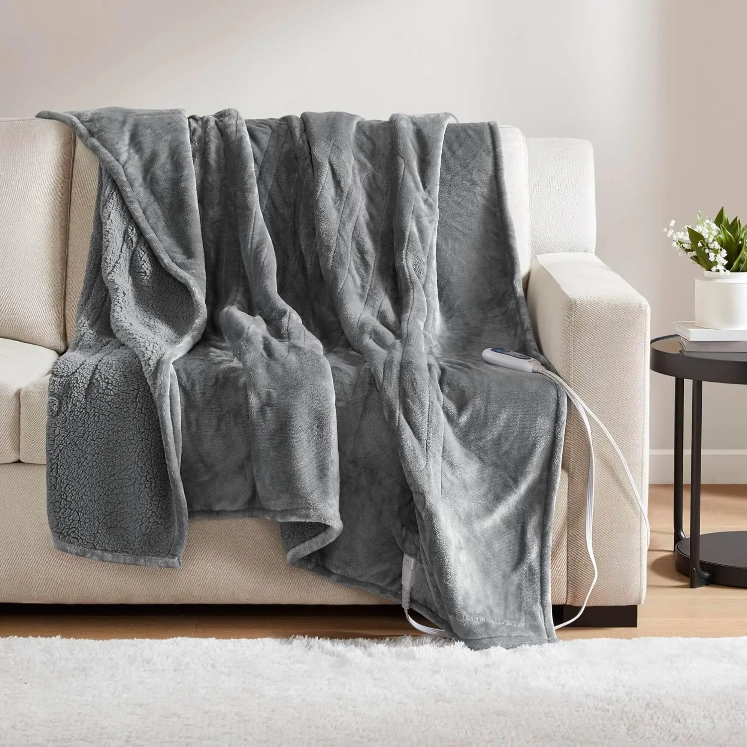 

Electric Heated Throw Blanket, Soft Reversible Sherpa Plush, 3 Heat Settings, Auto Shut-Off, Machine Washable, Grey