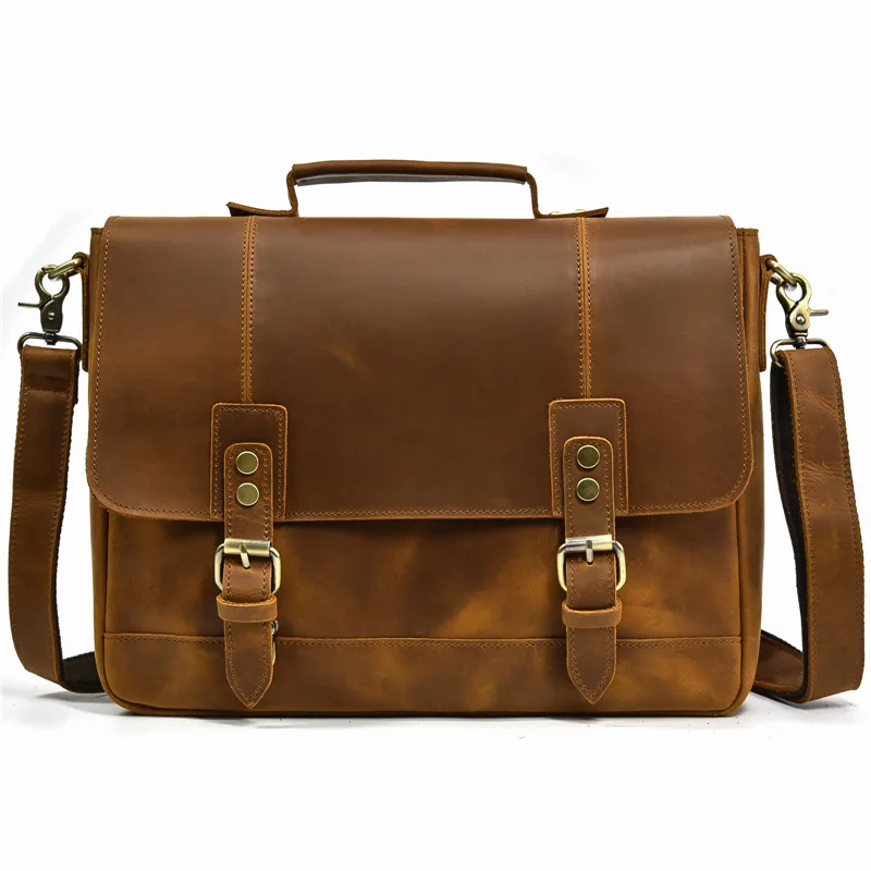 

New men's crazy horse leather briefcase, retro leather luxury handbag, large capacity flip shoulder bag, crossbody bag