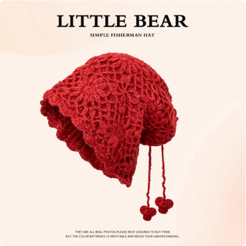 Niche Handmade Crochet Scarf Integrated Knitted Hat Women's Autumn and Winter Warm Neck Guard Drawstring Pullover Beanie Caps