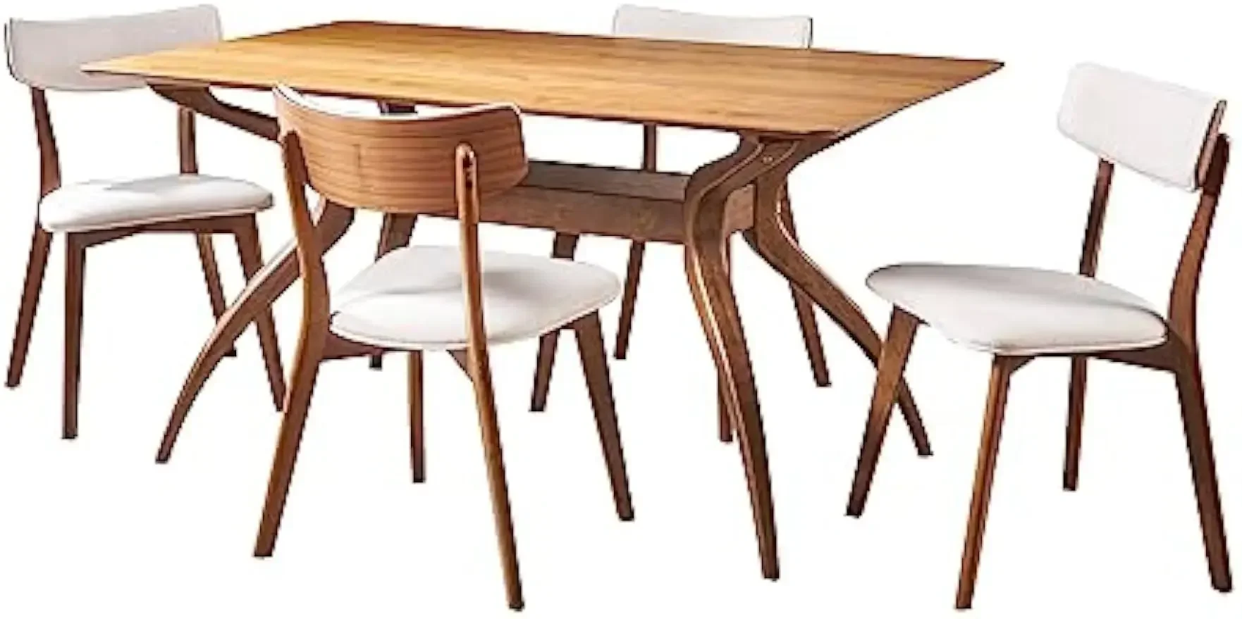 Nissie Mid-Century Wood Dining Set with Fabric Chairs, 5-Pcs Set, Natural Walnut Finish