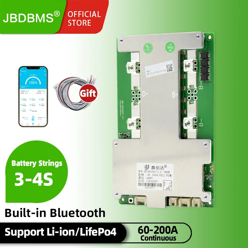 jbd smart bms 4s lifepo4 12v 60A 100A 150A 200A Peak 180A 300A 450A 600A Build-in BT 3S 4S UART Heat Balance bms 4s lifepo4