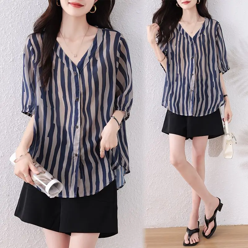 

Fashion Striped All Match Chiffon Blouse Women's Short Sleeved Summer New Loose Mid Length T-shirt Women's Elegant Top