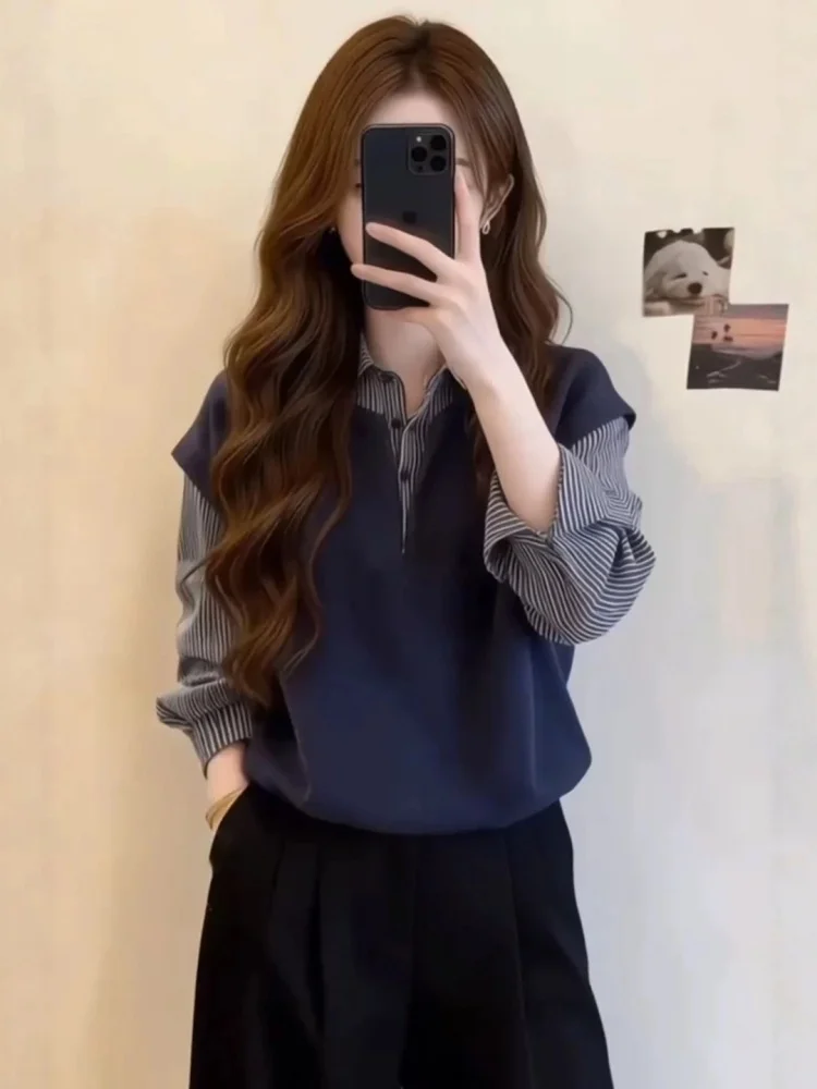  Plaid  Collar Loose Women's Shirt Autumn Season Korean Style Commute Fashion Straight Body Shape Pure Color