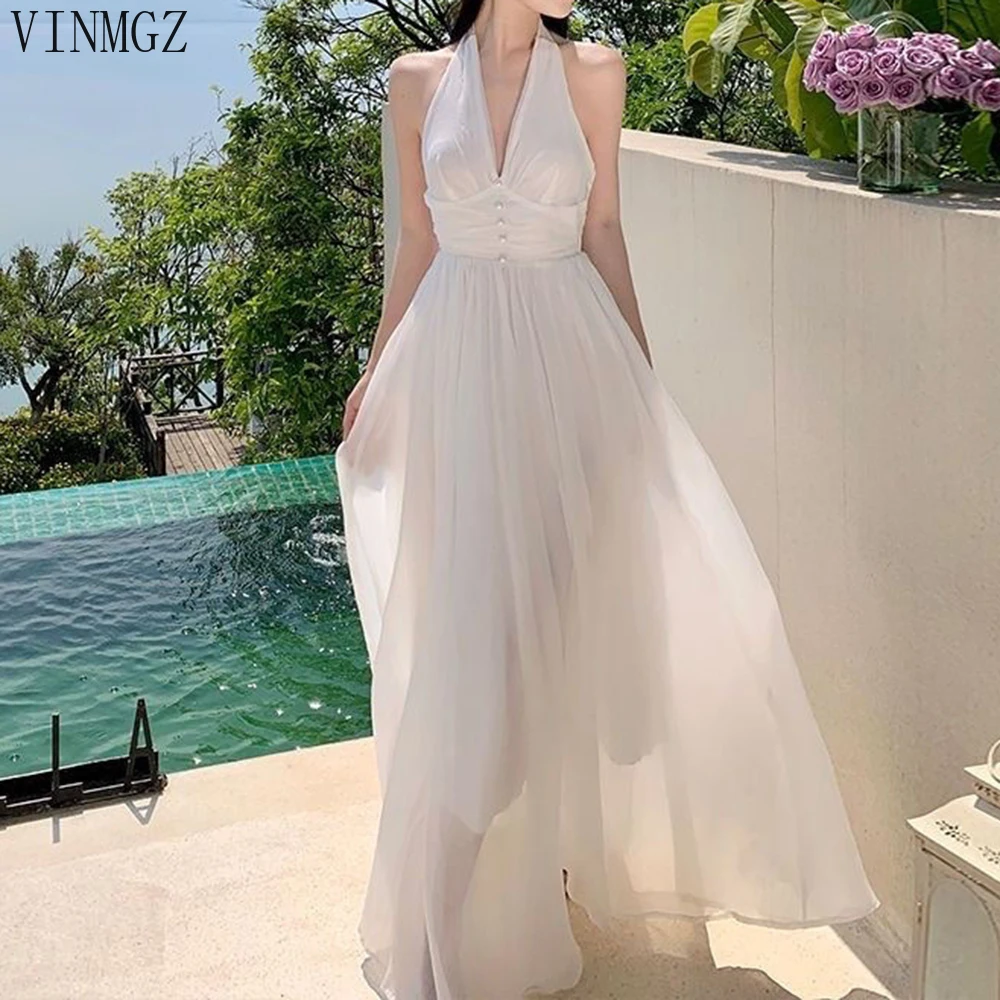 

2025 summer vacation style long deep V-neck bohemian straps vacation skirt birthday dress for women
