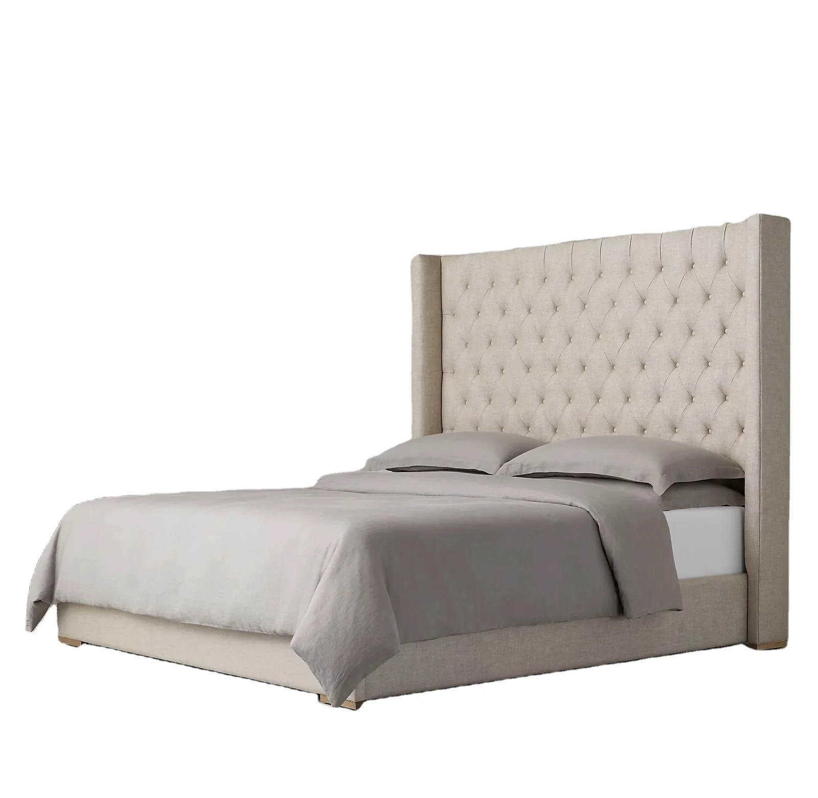 

*European Luxury Style Bedroom Furniture Platform Bed Solid Wooden Bed Fabric Wooden Headboard Linen Upholstery Tufted Beds