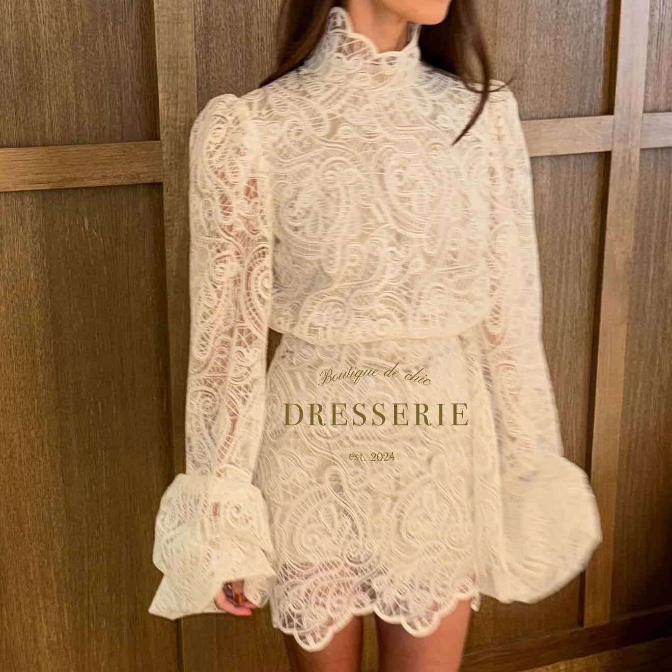Elegant See Through Lace Skirt Two Piece Set Women Solid Color High Collar Lantern Sleeves Tops A-line Mini Skirts 2 Piece Sets