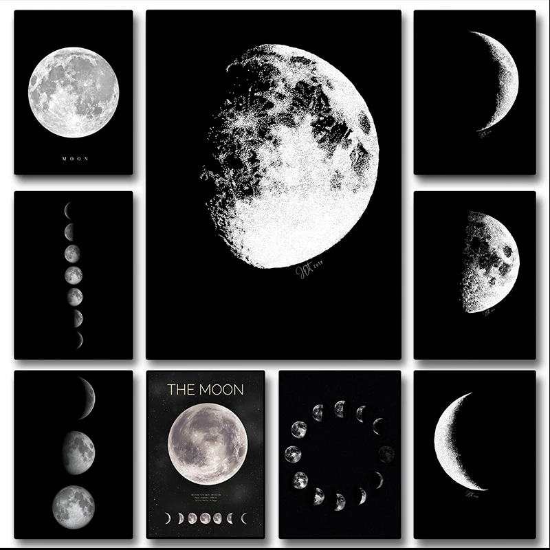 1pc frameless Canvas Painting Black White Art Moon Phase Posters Aesthetic Diamond Painting Prints Wall Picture for Living Room