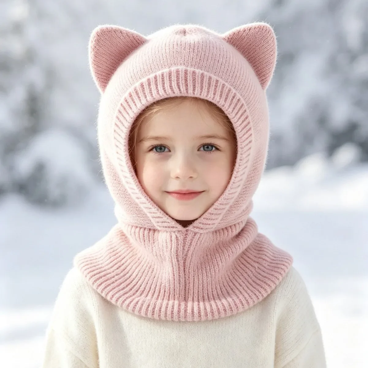 Winter Kids Scarf Hat Cute Cat Ear Hooded Scarf for Boys Girls Warmer Windproof Outdoor Children Headwear