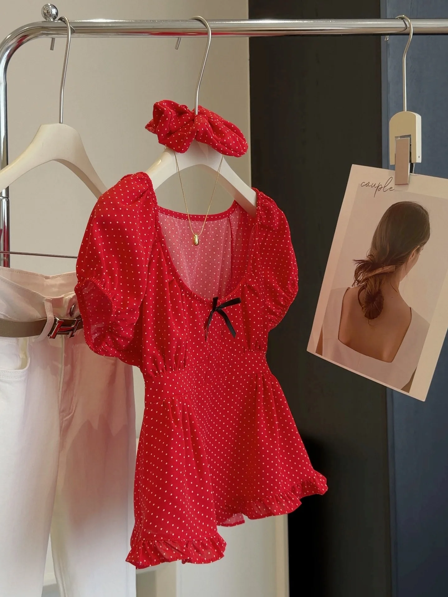 Kawaii Japanese Red Polka Dot Puff Sleeve Blouse Sweetheart Neck Bow Ruffled Peplum Top Soft Girly Casual Daily Summer Wear
