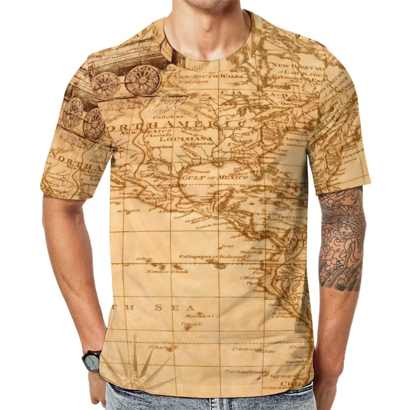 Beautiful Old Map T-Shirt Retro Hip Hop T-Shirts Couple Classic Tee Shirt Summer Short-Sleeved Graphic Clothes Plus Size 4XL 5XL