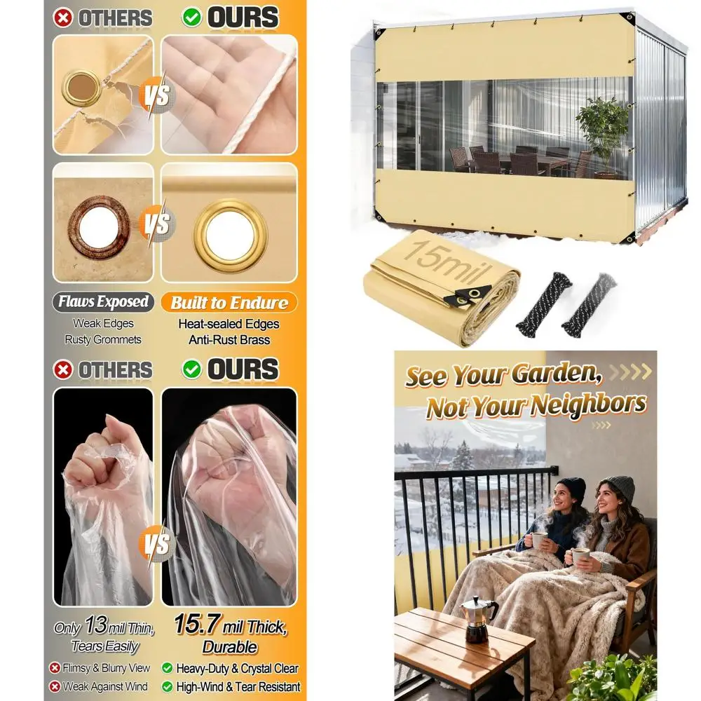 

Водонепроницаемые виниловые уличные шторы 3х2,4 м - сверхпрочные, ветрозащитные, для зимней защиты патио, прозрачные, для перголы, веранды, беседки, балкона