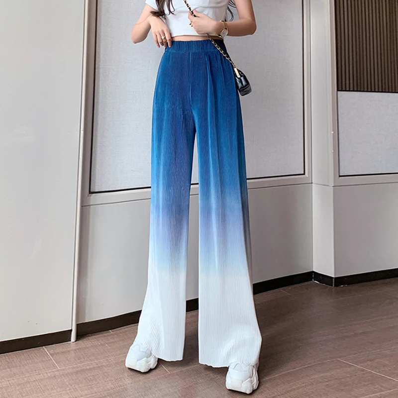 Straight Gradient Rib Wide Leg Long Pant Elastic Waist Casual Women Clothing Streetwear Summer Loose Trouser 2024 Lady Trend New