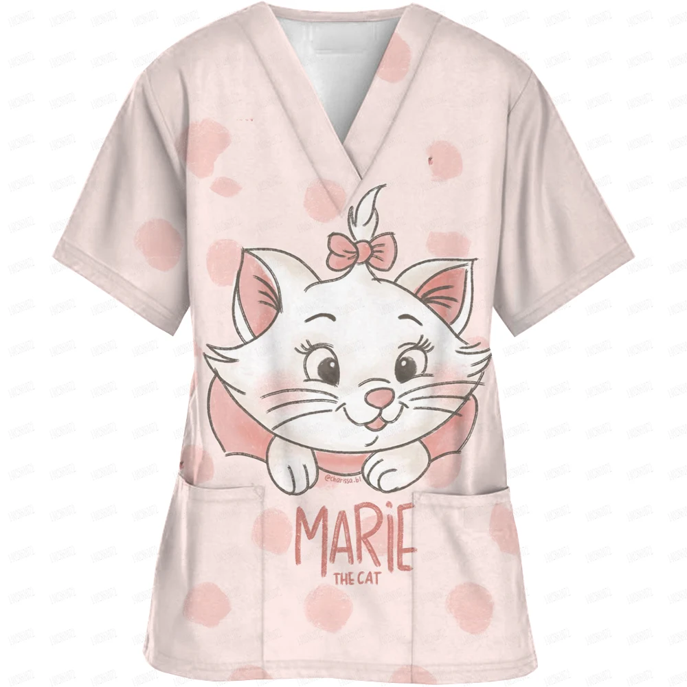 Disney Mary Cat Print Nurse Uniform V-Neck Pocket Medical Uniforms Cartoon Cartoon Nursing Sclub Tops Workwear Uniformes Top Muj