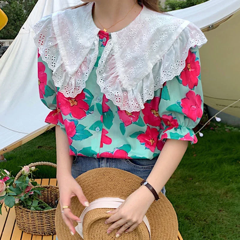 WAKUTA Casual Vintage Big Floral Women Shirts Summer Short Sleeve Embroidery Turn Down Neck Loose Females Tops Korean All Match