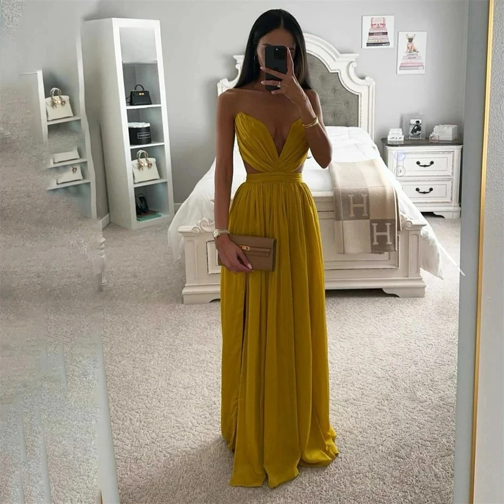 Sexy Gold A-line Evening Formal Dress Sweetheart Sleeveless Floor Length Stain Prom Pageant Party Gowns Robe De Soiree