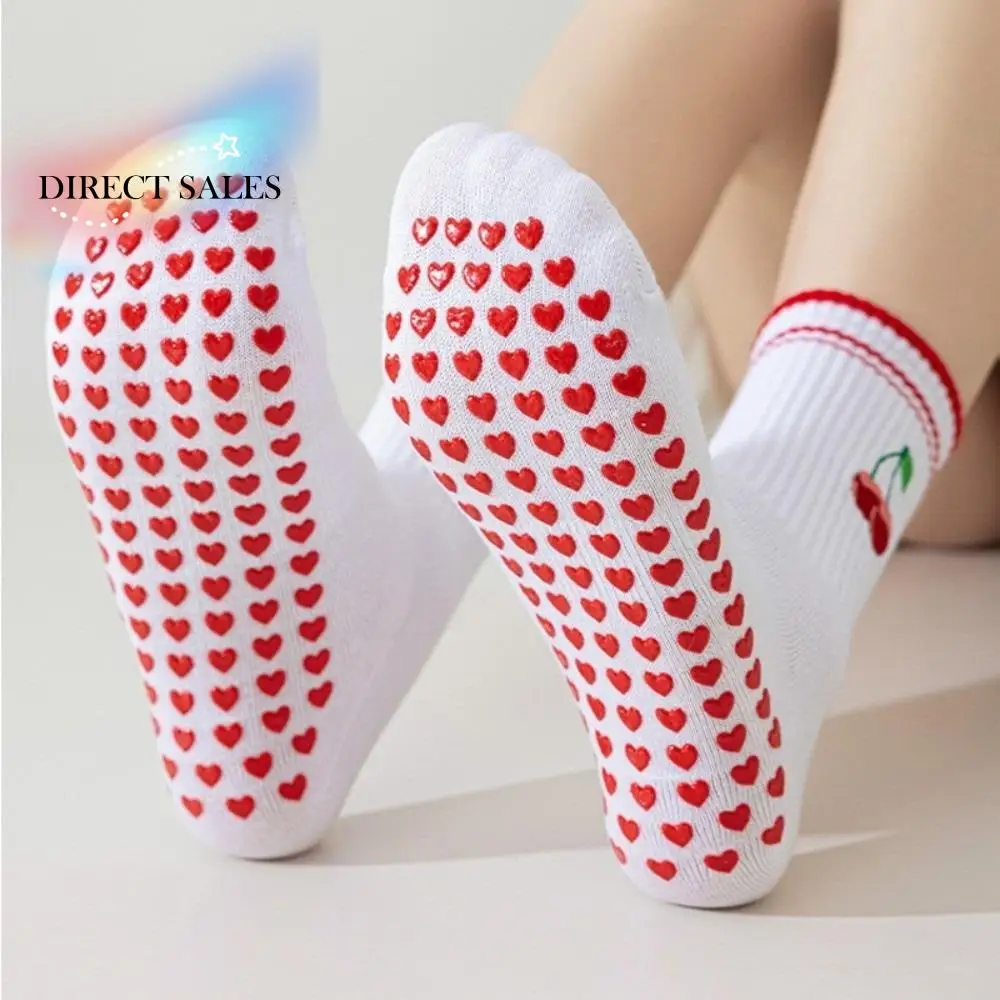 

2pairs Heart Silicone Sock Sole Women Yoga Socks Embroidery Breathable Pilates Socks Soft Cherry Pattern Non-Slip Socks