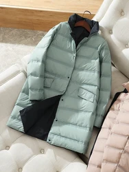 FTLZZ Winter Women Double Sided Coat Female 90% White Duck Down Coat Casual Loose Stand Collar Single Breasted Long Jacket