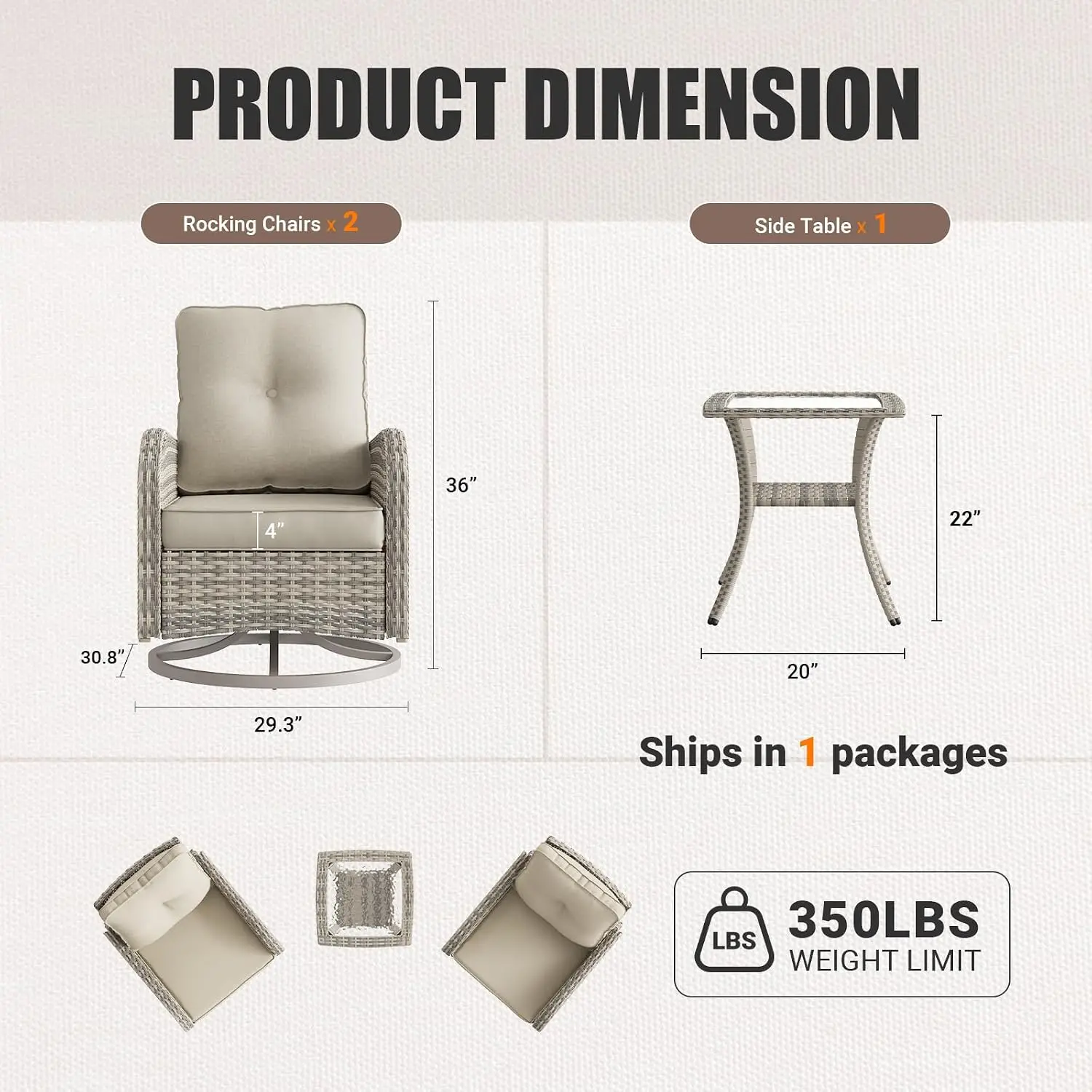 White Wicker Rattan Patio Rocking Swivel Chair Bistro Set With Tempered Glass Side Table For Garden Deck Balcony, Customized