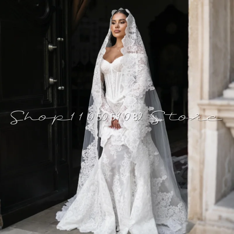 Elegant White Lace Wedding Dress Off Shoulder Corset Long Sleeve Fishtail and Floor Dubai Women Arab Bridal Customized