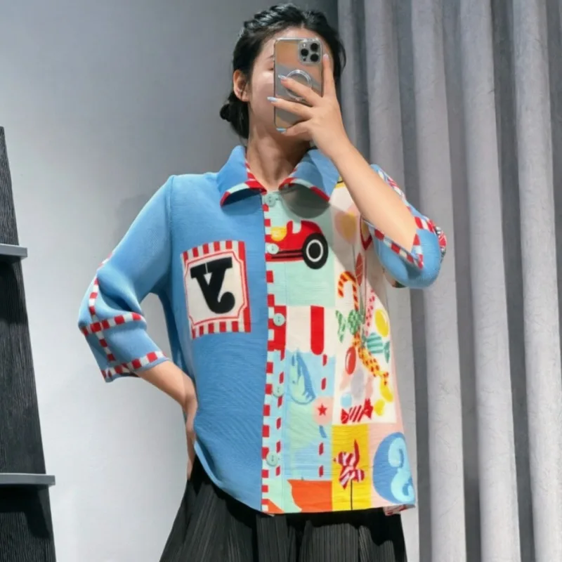 

Miyake Pleated Shirt 2026 Autumn New Lapel Long Sleeve Printed Single-Breasted Jacket Women Fashion Simple Plus Size Stretch Top
