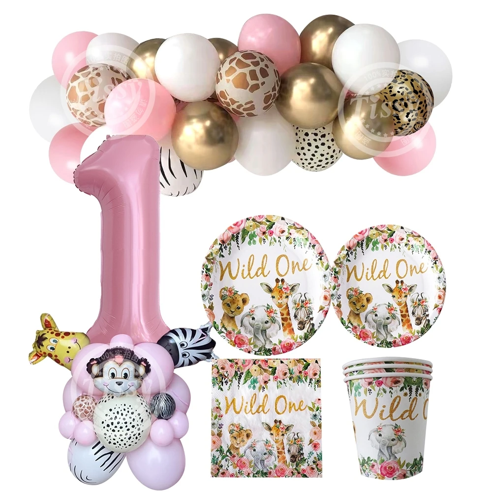 1set Wild Animal Balloon Tower with Pink Disposable Tableware for Girl's Jungle Safari Themed Forest Birthday Party Decorations