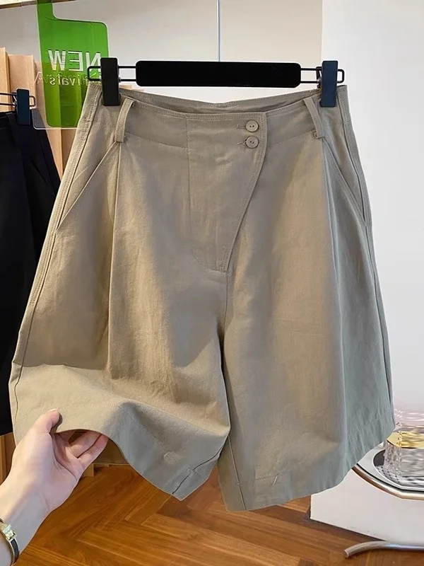 

Retro High Waist Cotton Linen Short Pants Women's Casual Wide Leg Five Parts Pants Summer Season Ladies High Waist Loose Fit