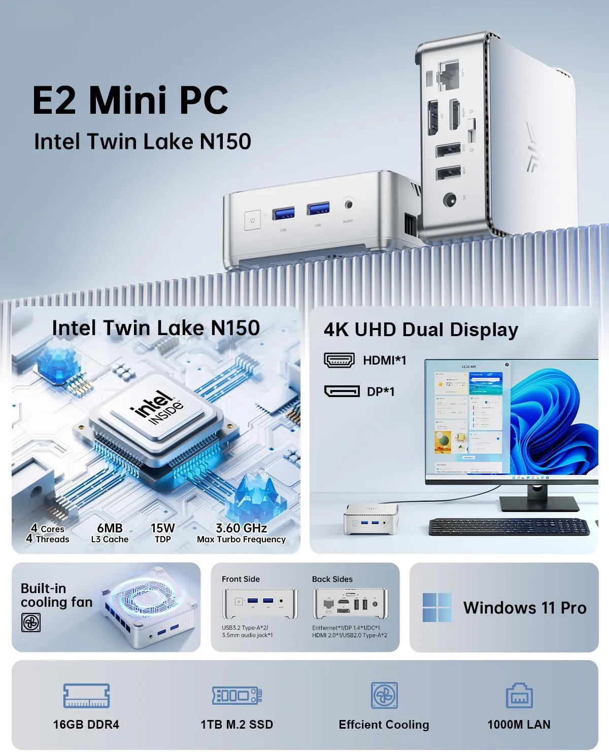 كمبيوتر صغير ACEMAGIC-Essenx E2 ، حواسيب صغيرة ، N150 ، 16 جيجابايت ، DDR4 ، 1 SSD ، HDMI ، DP1.4 ، ثنائي 4K ، UHD ، إيثرنت جيجابت ، WiFi5 ، BT4.2